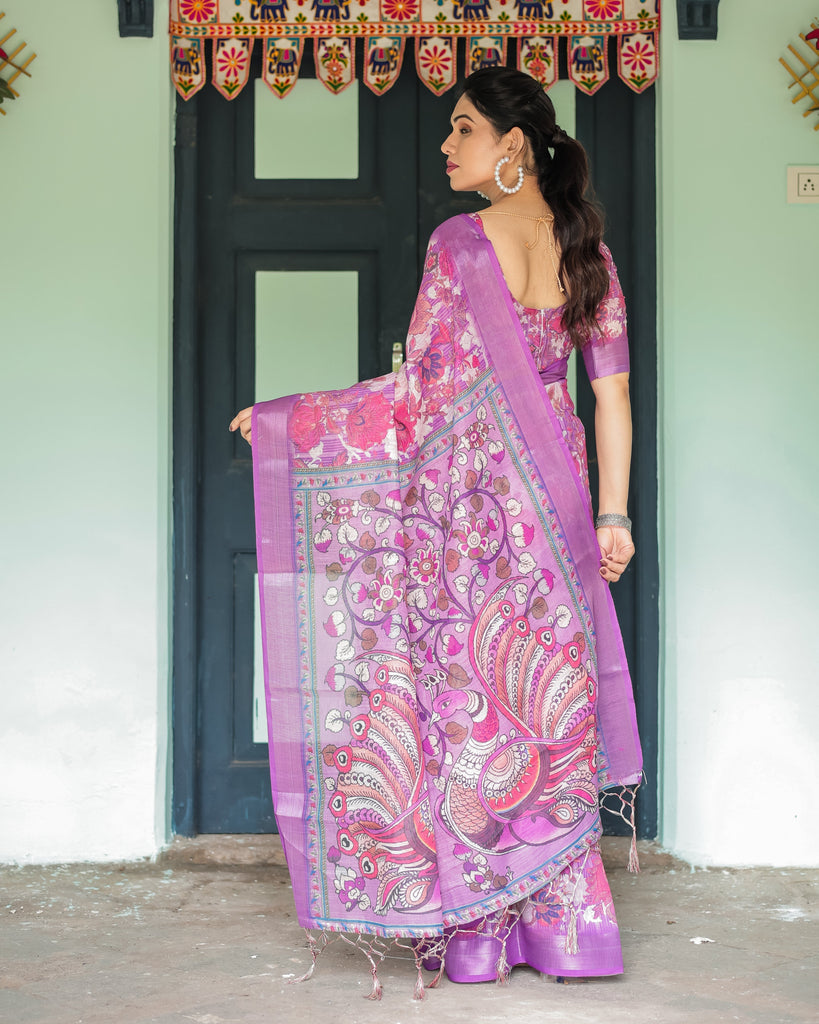 Purple and Pink Floral Printed Pure Cotton Linen Saree with Blouse and Tassels LINEN