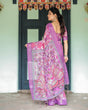 Load image into Gallery viewer, Purple and Pink Floral Printed Pure Cotton Linen Saree with Blouse and Tassels LINEN