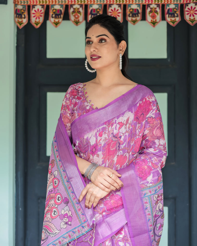 Purple and Pink Floral Printed Pure Cotton Linen Saree with Blouse and Tassels LINEN