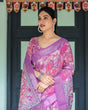 Load image into Gallery viewer, Purple and Pink Floral Printed Pure Cotton Linen Saree with Blouse and Tassels LINEN