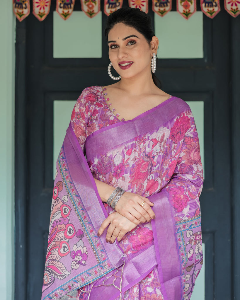 Purple and Pink Floral Printed Pure Cotton Linen Saree with Blouse and Tassels LINEN