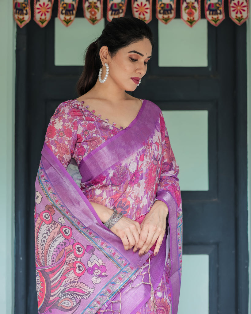 Purple and Pink Floral Printed Pure Cotton Linen Saree with Blouse and Tassels LINEN