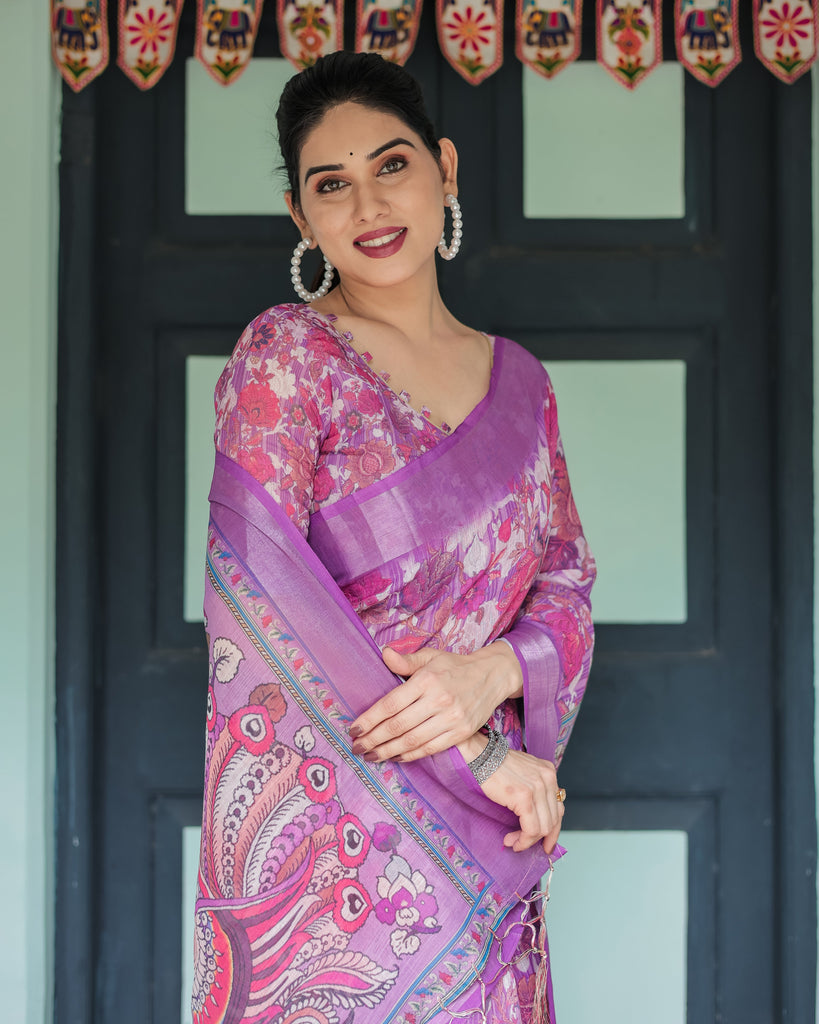 Purple and Pink Floral Printed Pure Cotton Linen Saree with Blouse and Tassels LINEN
