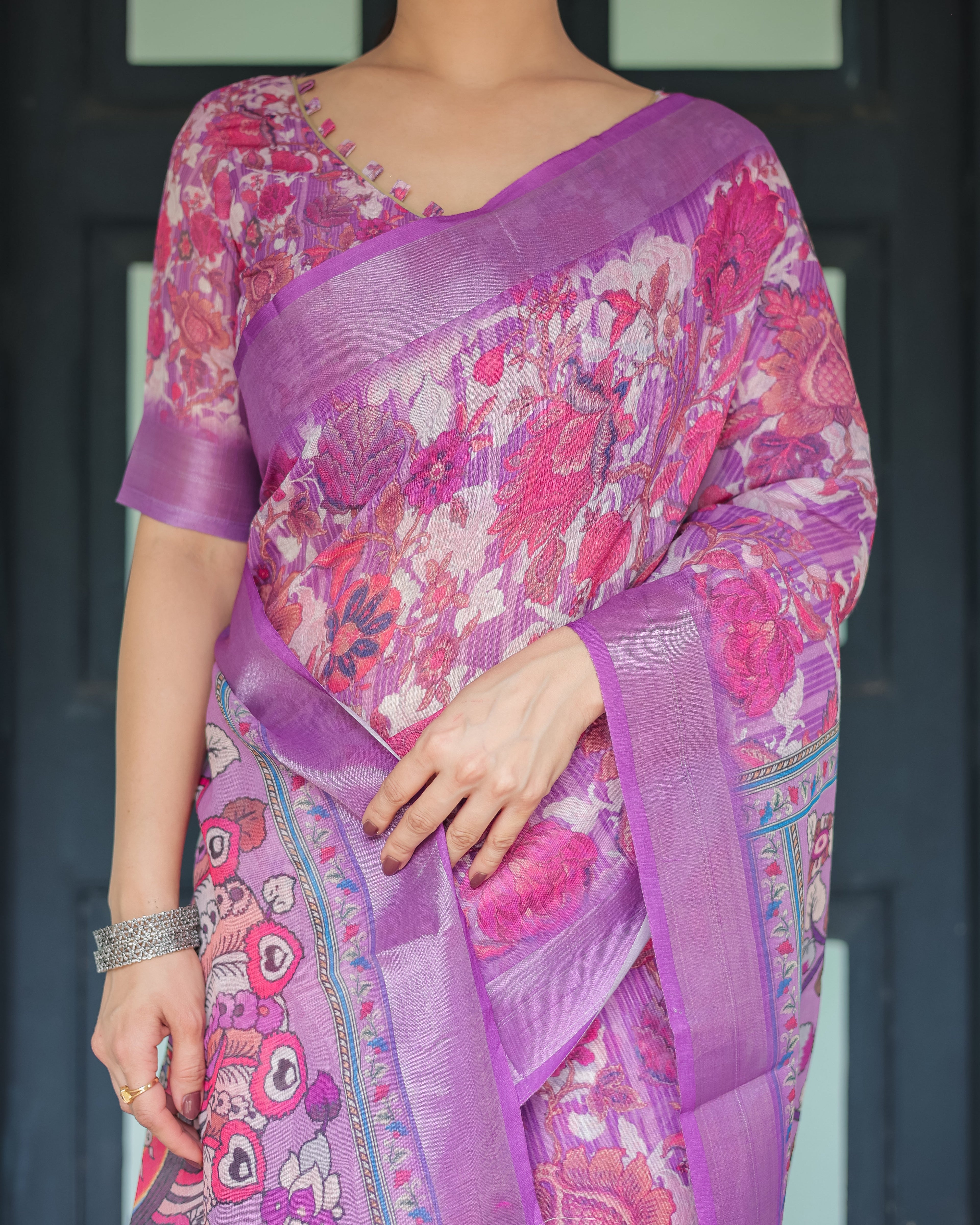 Purple and Pink Floral Printed Pure Cotton Linen Saree with Blouse and Tassels LINEN