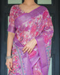 Load image into Gallery viewer, Purple and Pink Floral Printed Pure Cotton Linen Saree with Blouse and Tassels LINEN