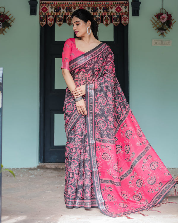 Pure Cotton Linen Saree in Black and Pink with Floral Print and Tassels LINEN
