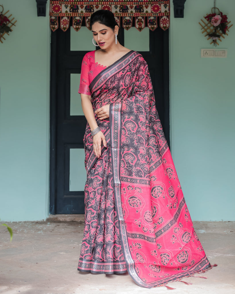 Pure Cotton Linen Saree in Black and Pink with Floral Print and Tassels LINEN