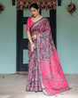 Load image into Gallery viewer, Pure Cotton Linen Saree in Black and Pink with Floral Print and Tassels LINEN