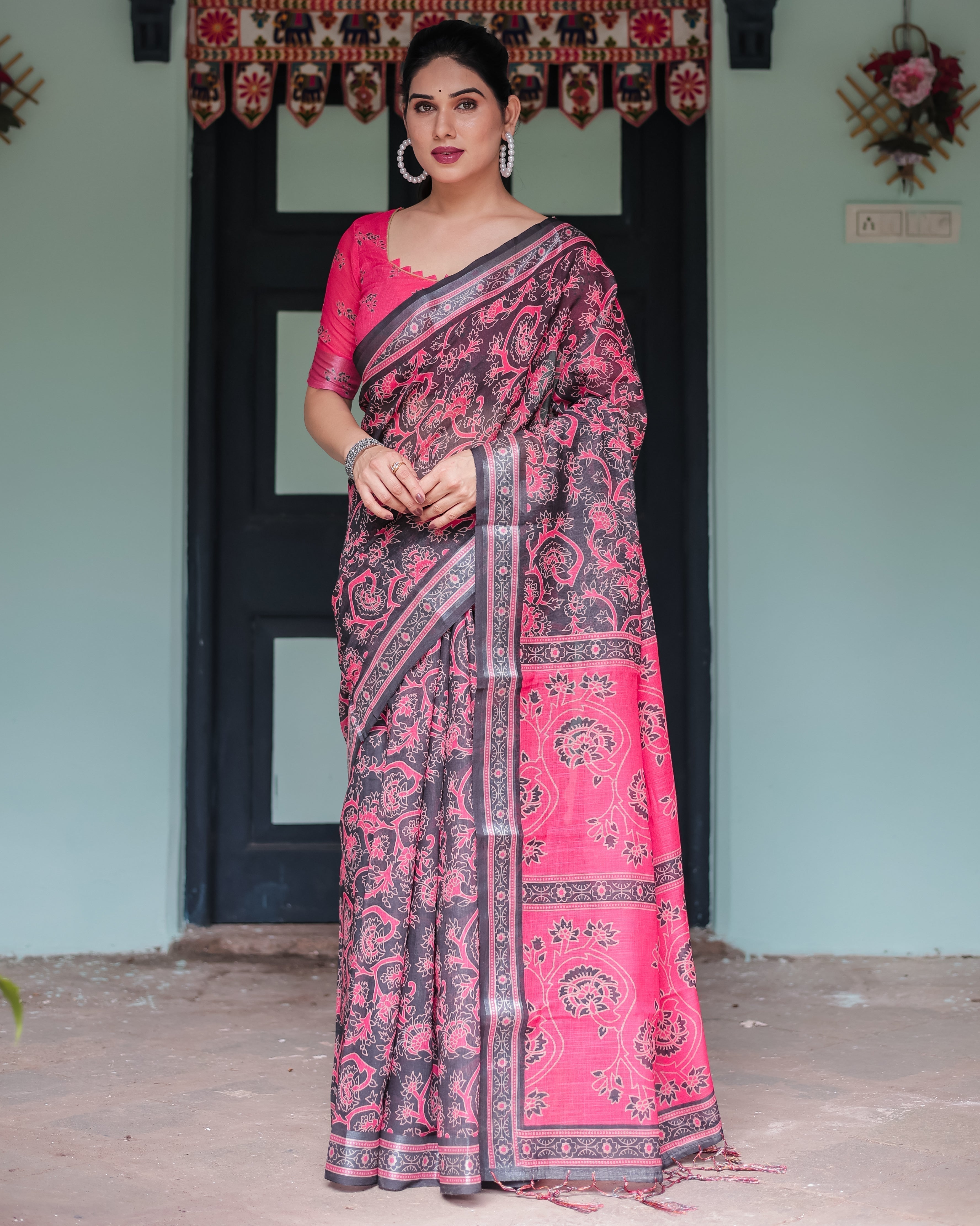 Pure Cotton Linen Saree in Black and Pink with Floral Print and Tassels LINEN Main image