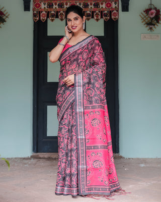 Pure Cotton Linen Saree in Black and Pink with Floral Print and Tassels LINEN