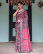 Load image into Gallery viewer, Pure Cotton Linen Saree in Black and Pink with Floral Print and Tassels LINEN