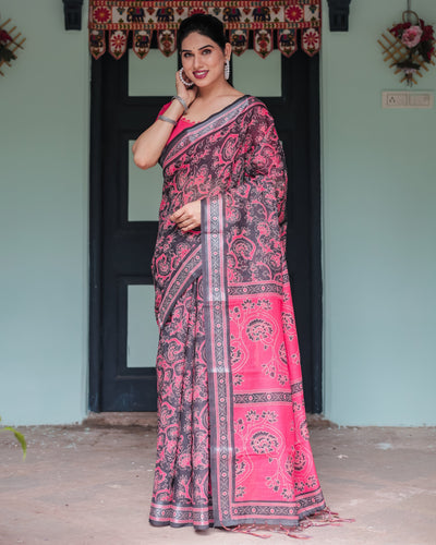 Pure Cotton Linen Saree in Black and Pink with Floral Print and Tassels LINEN