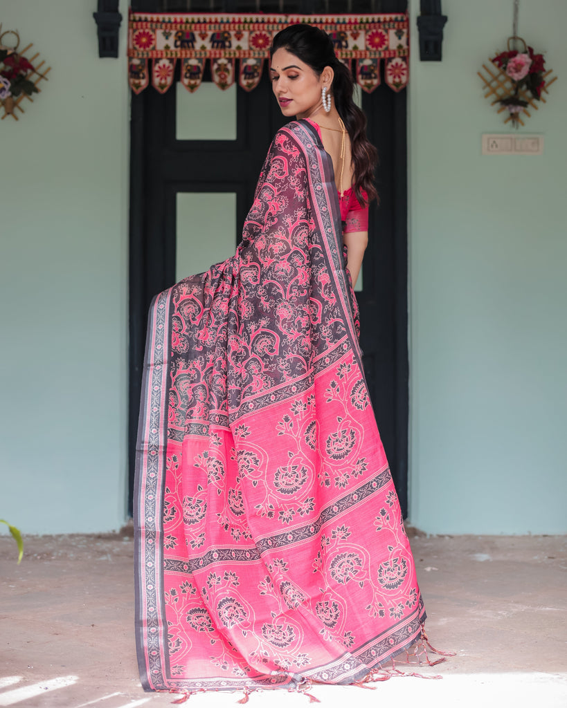 Pure Cotton Linen Saree in Black and Pink with Floral Print and Tassels LINEN