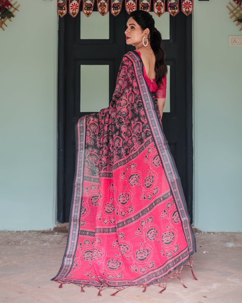 Pure Cotton Linen Saree in Black and Pink with Floral Print and Tassels LINEN