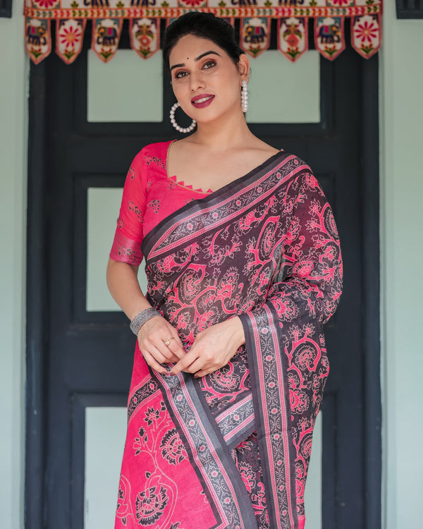 Pure Cotton Linen Saree in Black and Pink with Floral Print and Tassels LINEN
