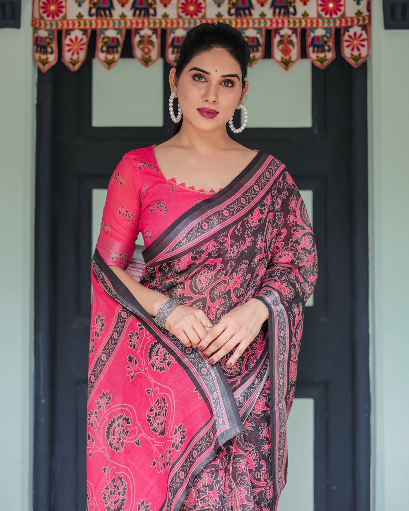 Pure Cotton Linen Saree in Black and Pink with Floral Print and Tassels LINEN