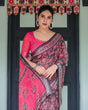 Load image into Gallery viewer, Pure Cotton Linen Saree in Black and Pink with Floral Print and Tassels LINEN