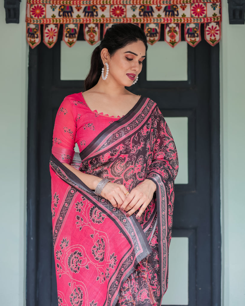 Pure Cotton Linen Saree in Black and Pink with Floral Print and Tassels LINEN