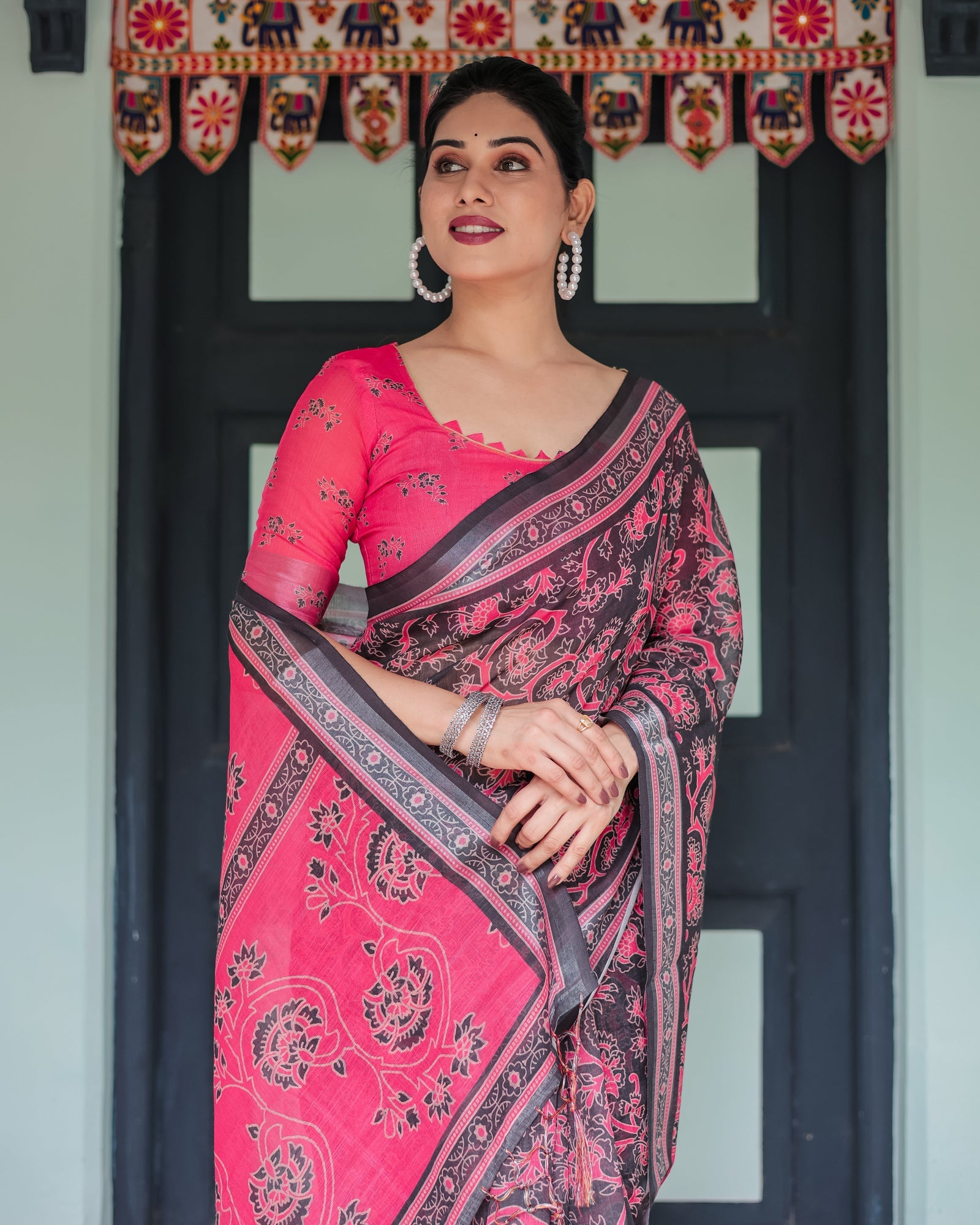 Pure Cotton Linen Saree in Black and Pink with Floral Print and Tassels LINEN