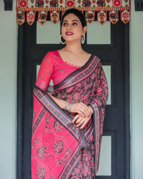 Pure Cotton Linen Saree in Black and Pink with Floral Print and Tassels LINEN