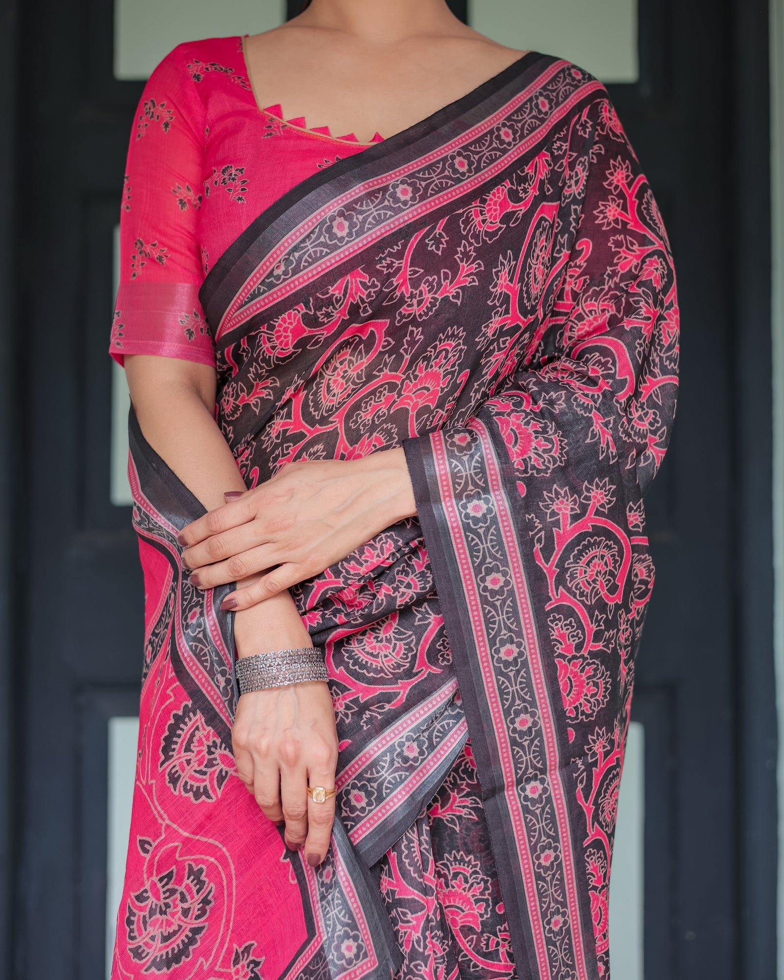 Pure Cotton Linen Saree in Black and Pink with Floral Print and Tassels LINEN
