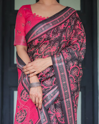 Pure Cotton Linen Saree in Black and Pink with Floral Print and Tassels LINEN