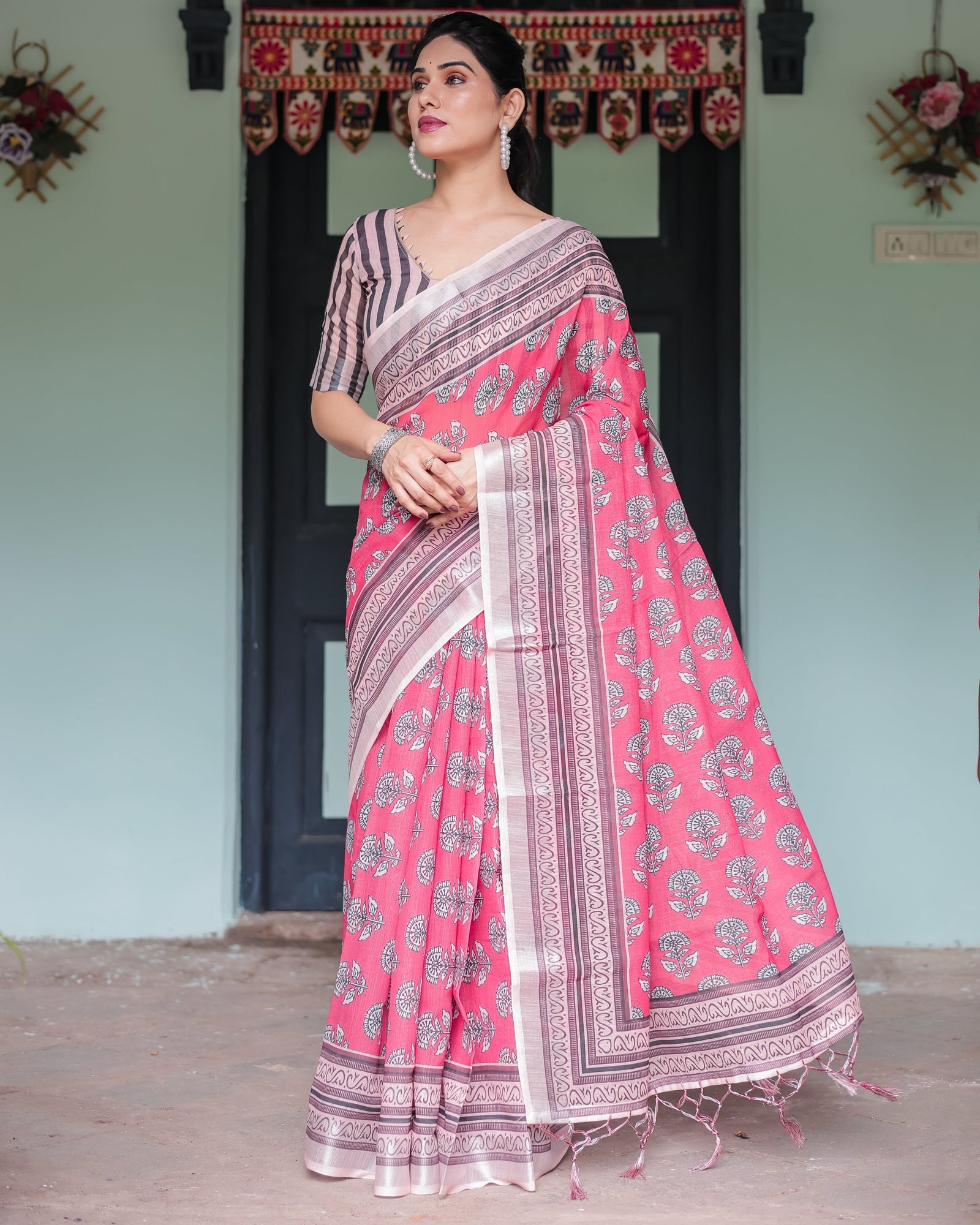 Pink and Beige Floral Printed Pure Cotton Linen Saree with Striped Blouse and Tassels on Edges LINEN