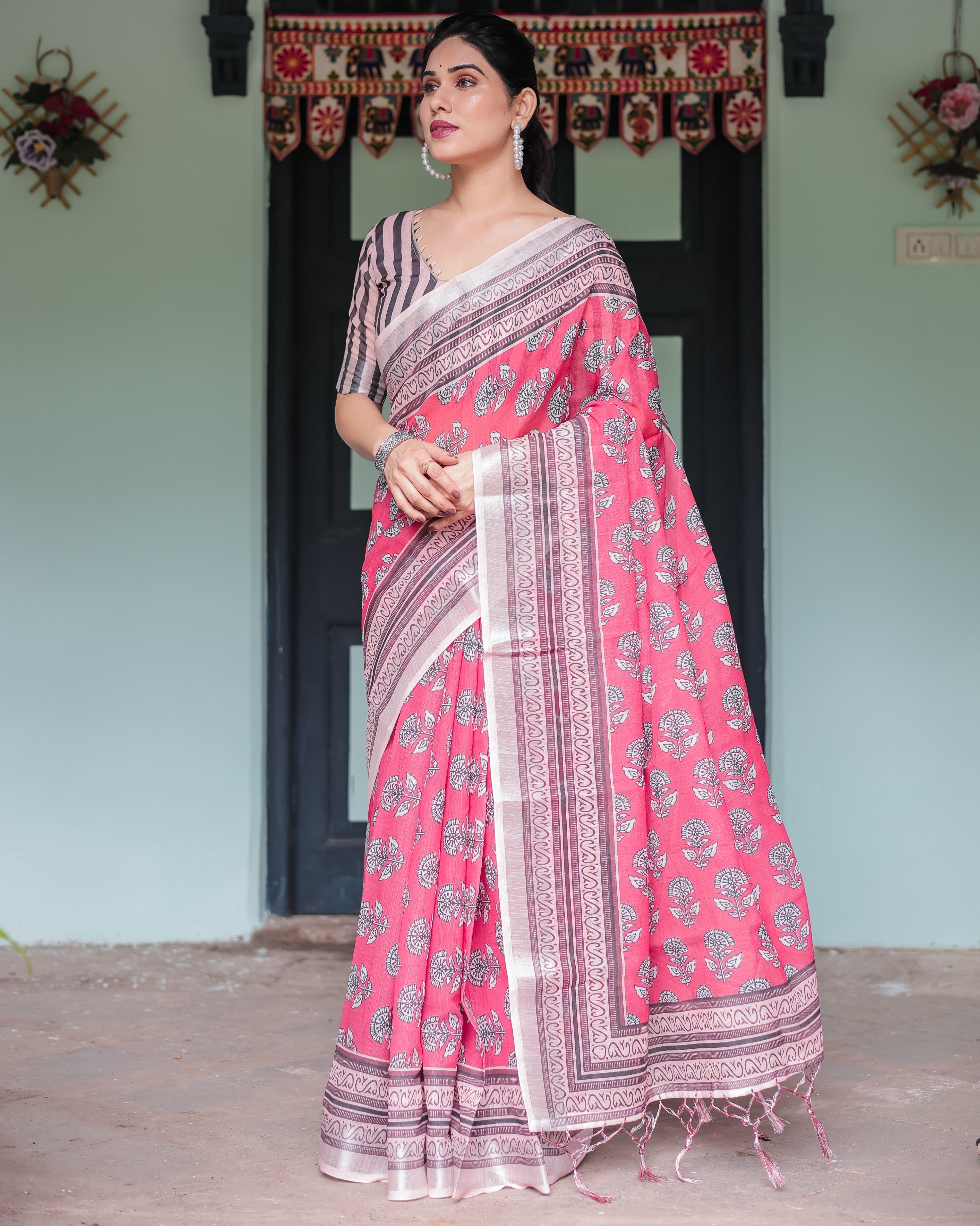 Pink and Beige Floral Printed Pure Cotton Linen Saree with Striped Blouse and Tassels on Edges Secondary image
