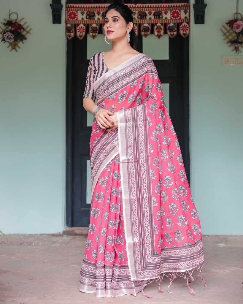 Pink and Beige Floral Printed Pure Cotton Linen Saree with Striped Blouse and Tassels on Edges LINEN