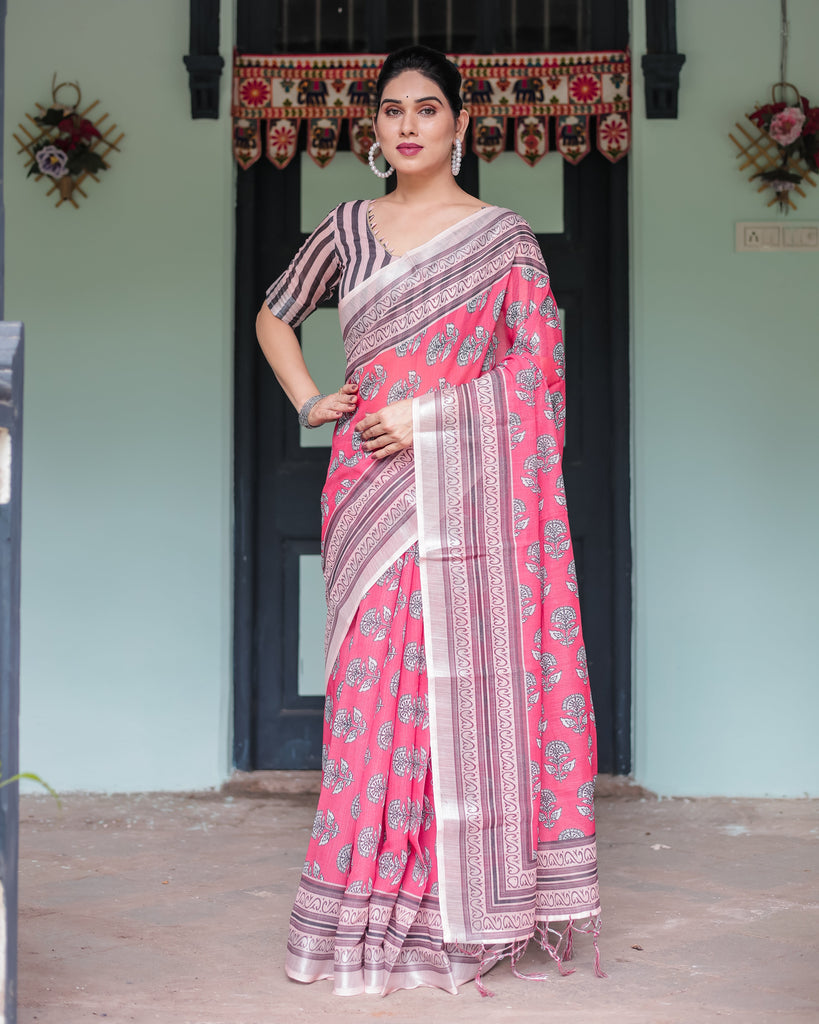 Pink and Beige Floral Printed Pure Cotton Linen Saree with Striped Blouse and Tassels on Edges LINEN