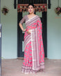Load image into Gallery viewer, Pink and Beige Floral Printed Pure Cotton Linen Saree with Striped Blouse and Tassels on Edges LINEN