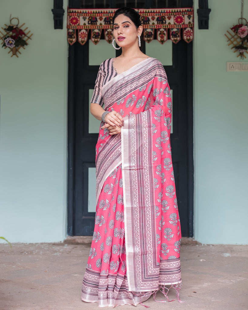 Pink and Beige Floral Printed Pure Cotton Linen Saree with Striped Blouse and Tassels on Edges LINEN