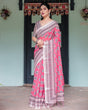Load image into Gallery viewer, Pink and Beige Floral Printed Pure Cotton Linen Saree with Striped Blouse and Tassels on Edges LINEN