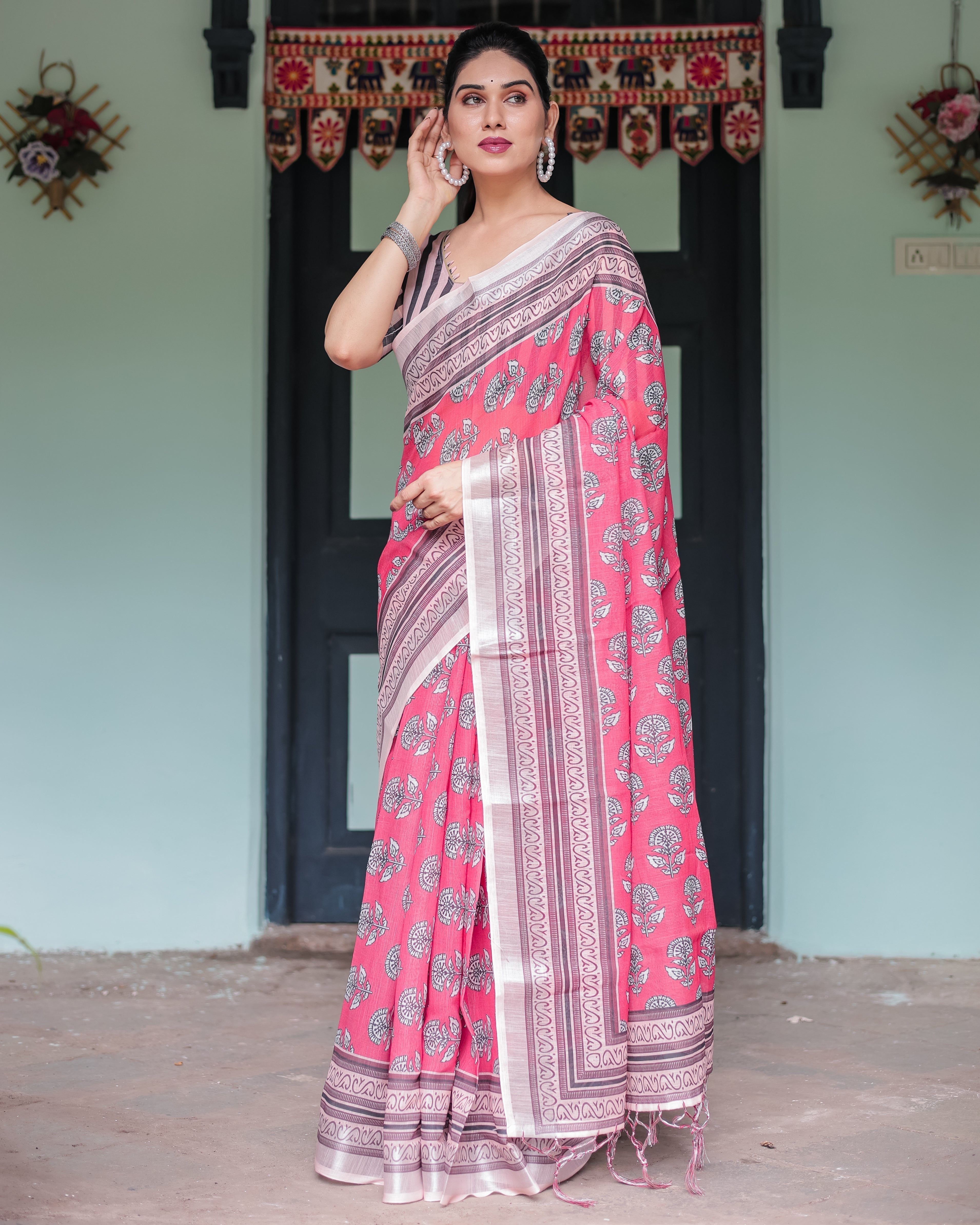 Pink and Beige Floral Printed Pure Cotton Linen Saree with Striped Blouse and Tassels on Edges LINEN Main image