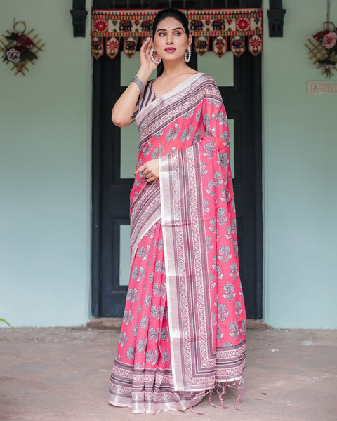 Pink and Beige Floral Printed Pure Cotton Linen Saree with Striped Blouse and Tassels on Edges LINEN Main image