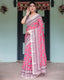 Pink and Beige Floral Printed Pure Cotton Linen Saree with Striped Blouse and Tassels on Edges LINEN