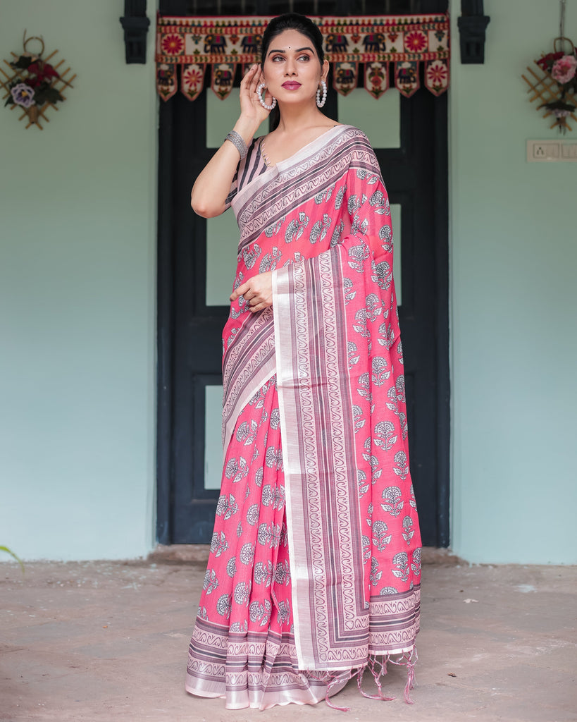 Pink and Beige Floral Printed Pure Cotton Linen Saree with Striped Blouse and Tassels on Edges LINEN