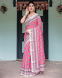 Load image into Gallery viewer, Pink and Beige Floral Printed Pure Cotton Linen Saree with Striped Blouse and Tassels on Edges LINEN