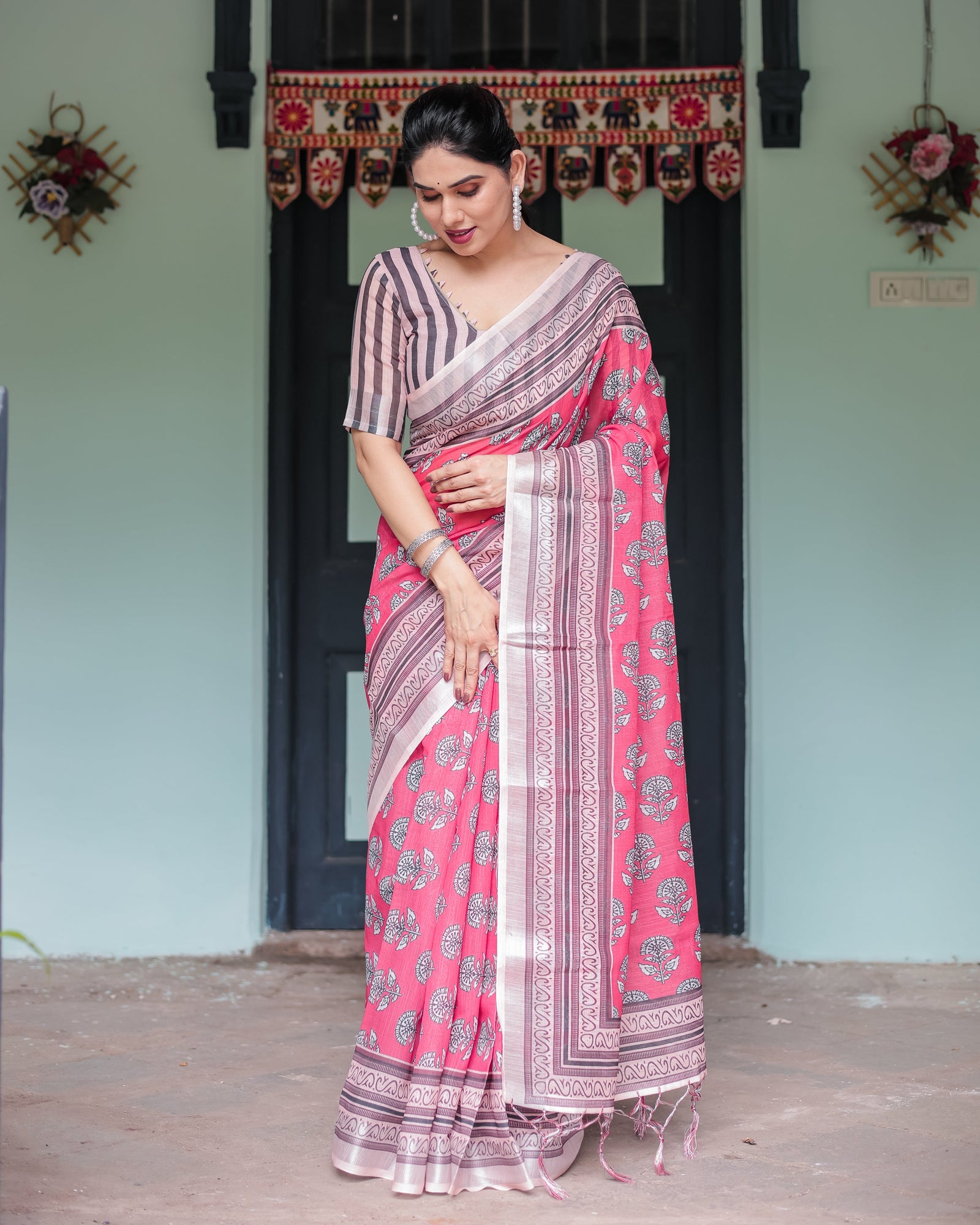Pink and Beige Floral Printed Pure Cotton Linen Saree with Striped Blouse and Tassels on Edges LINEN