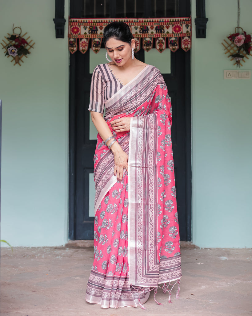 Pink and Beige Floral Printed Pure Cotton Linen Saree with Striped Blouse and Tassels on Edges LINEN
