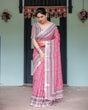 Load image into Gallery viewer, Pink and Beige Floral Printed Pure Cotton Linen Saree with Striped Blouse and Tassels on Edges LINEN