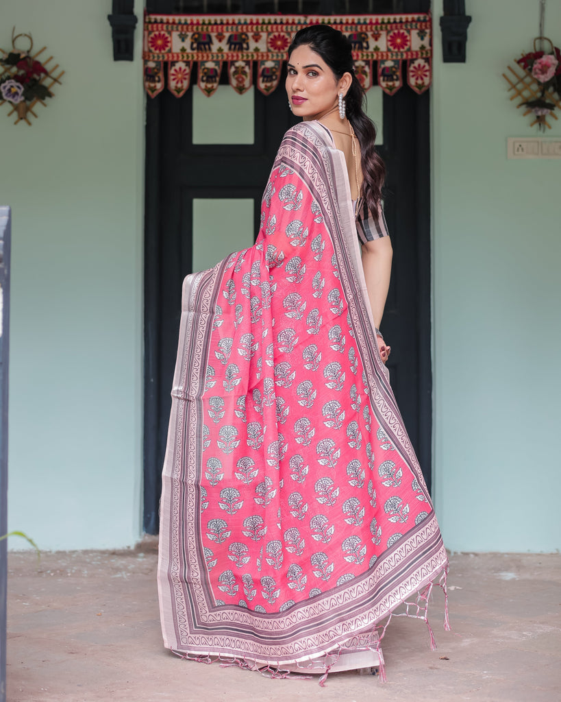 Pink and Beige Floral Printed Pure Cotton Linen Saree with Striped Blouse and Tassels on Edges LINEN