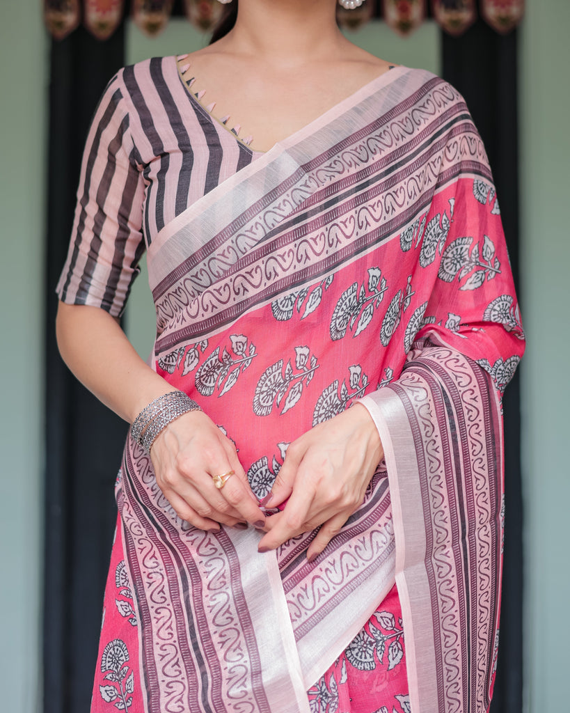 Pink and Beige Floral Printed Pure Cotton Linen Saree with Striped Blouse and Tassels on Edges LINEN