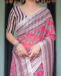 Load image into Gallery viewer, Pink and Beige Floral Printed Pure Cotton Linen Saree with Striped Blouse and Tassels on Edges LINEN