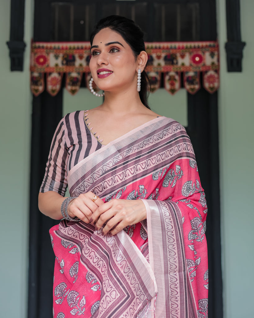 Pink and Beige Floral Printed Pure Cotton Linen Saree with Striped Blouse and Tassels on Edges LINEN