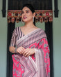 Load image into Gallery viewer, Pink and Beige Floral Printed Pure Cotton Linen Saree with Striped Blouse and Tassels on Edges LINEN