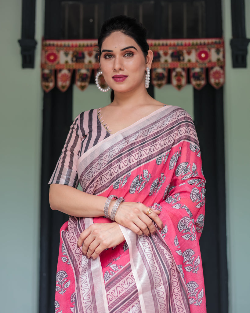 Pink and Beige Floral Printed Pure Cotton Linen Saree with Striped Blouse and Tassels on Edges LINEN