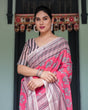 Load image into Gallery viewer, Pink and Beige Floral Printed Pure Cotton Linen Saree with Striped Blouse and Tassels on Edges LINEN