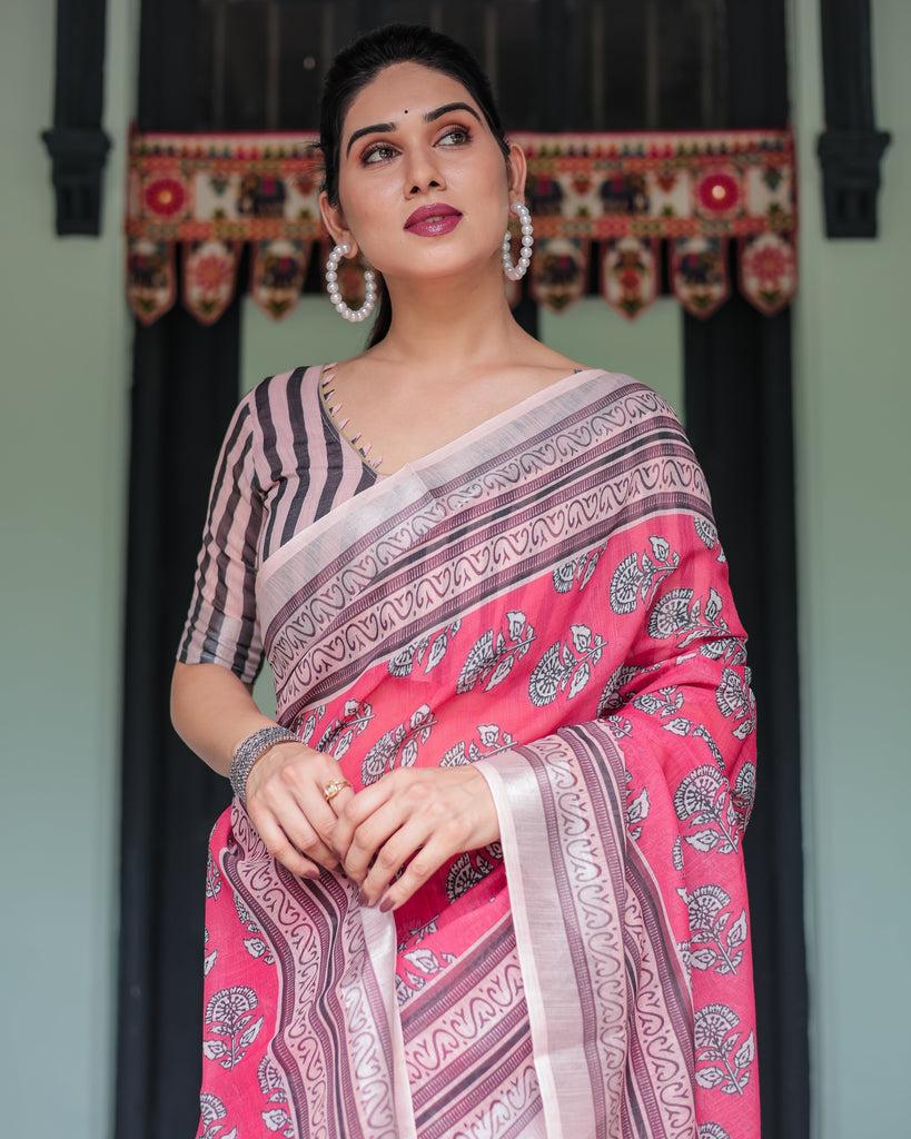 Pink and Beige Floral Printed Pure Cotton Linen Saree with Striped Blouse and Tassels on Edges LINEN