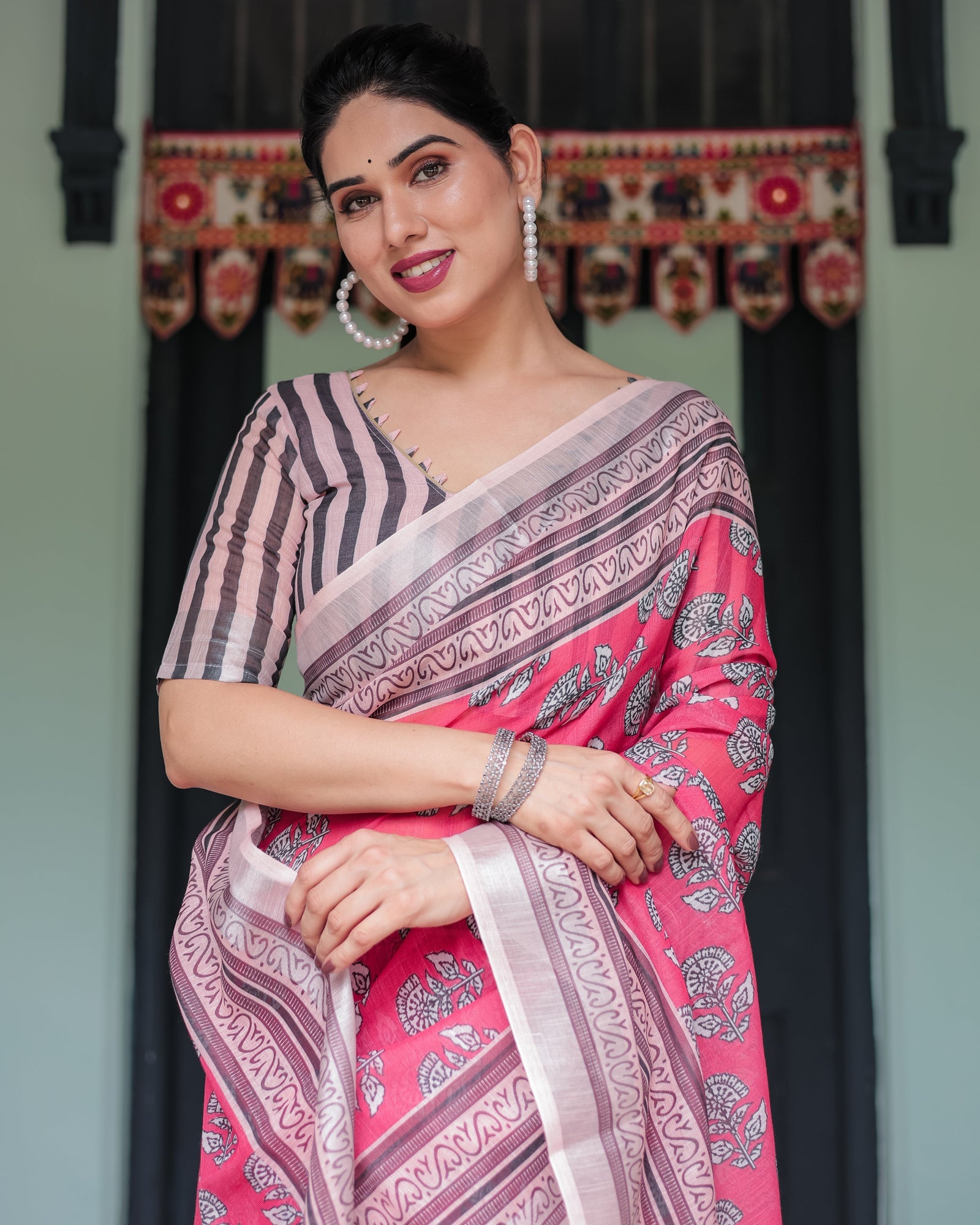 Pink and Beige Floral Printed Pure Cotton Linen Saree with Striped Blouse and Tassels on Edges LINEN